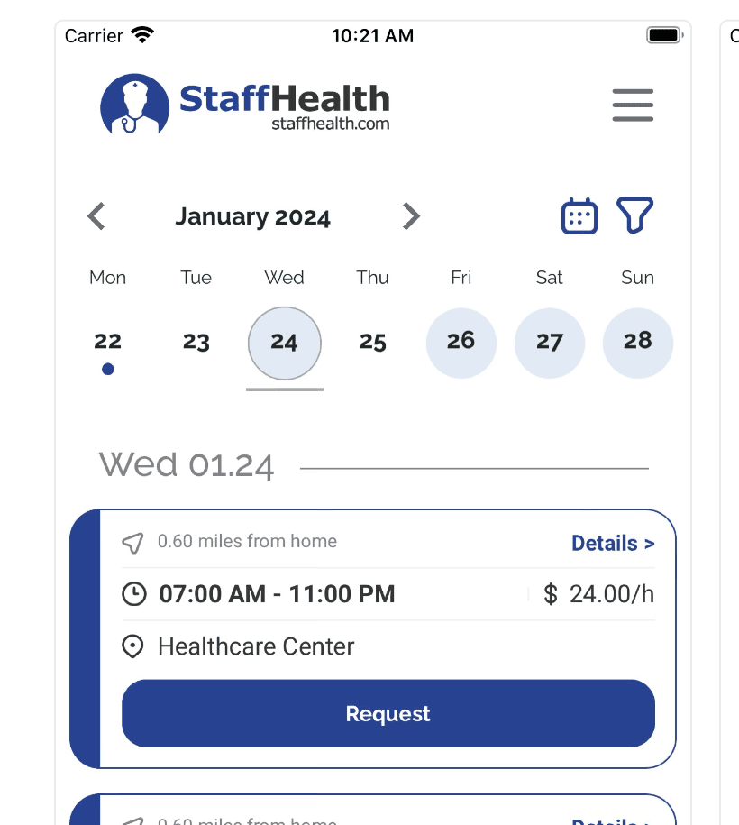 Mobile app interface for StaffHealth showing January 2024 schedule and healthcare job details.