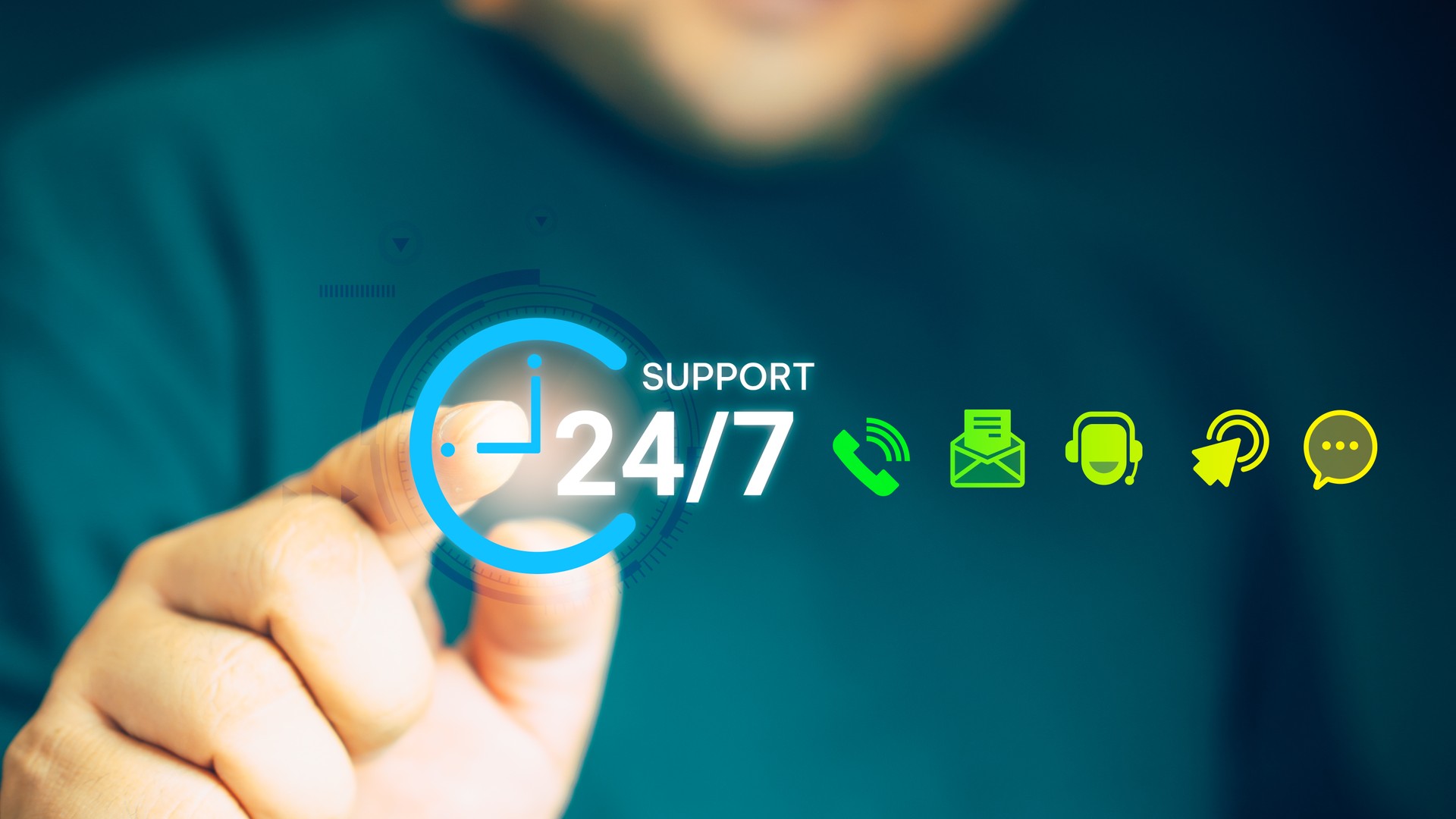 Man touch a worldwide nonstop support, help full-time available contact of business service concept.
